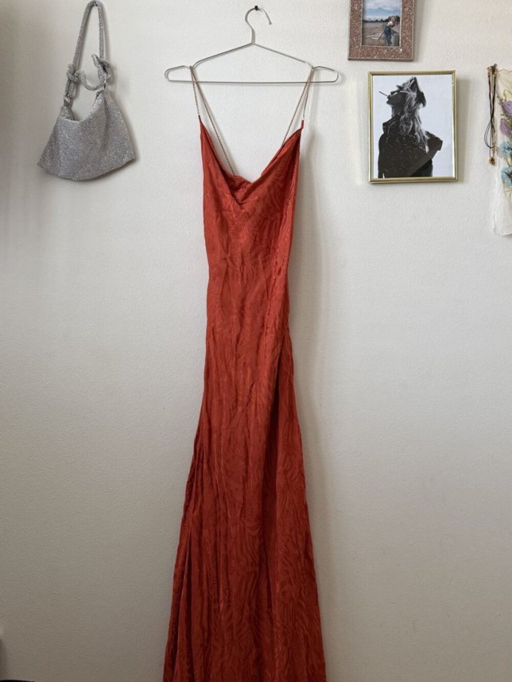 Simorra Barcelona Rust Jacquard Cowl Neck Maxi Dress Chain Straps US 2
